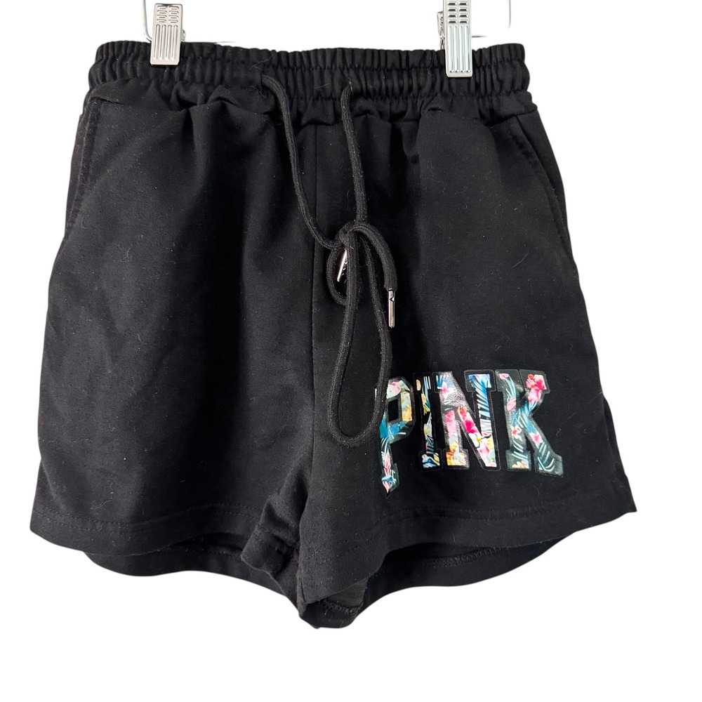 PINK Floral Logo Lounge Shorts Elastic Waist Comfy Casual Black Size S